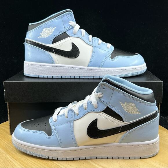 Jordan Shoes - Nike Air Jordan 1 Mid Ice Blue Black Sail White UNC 555112-401 Size 5.5Y/ 7W New